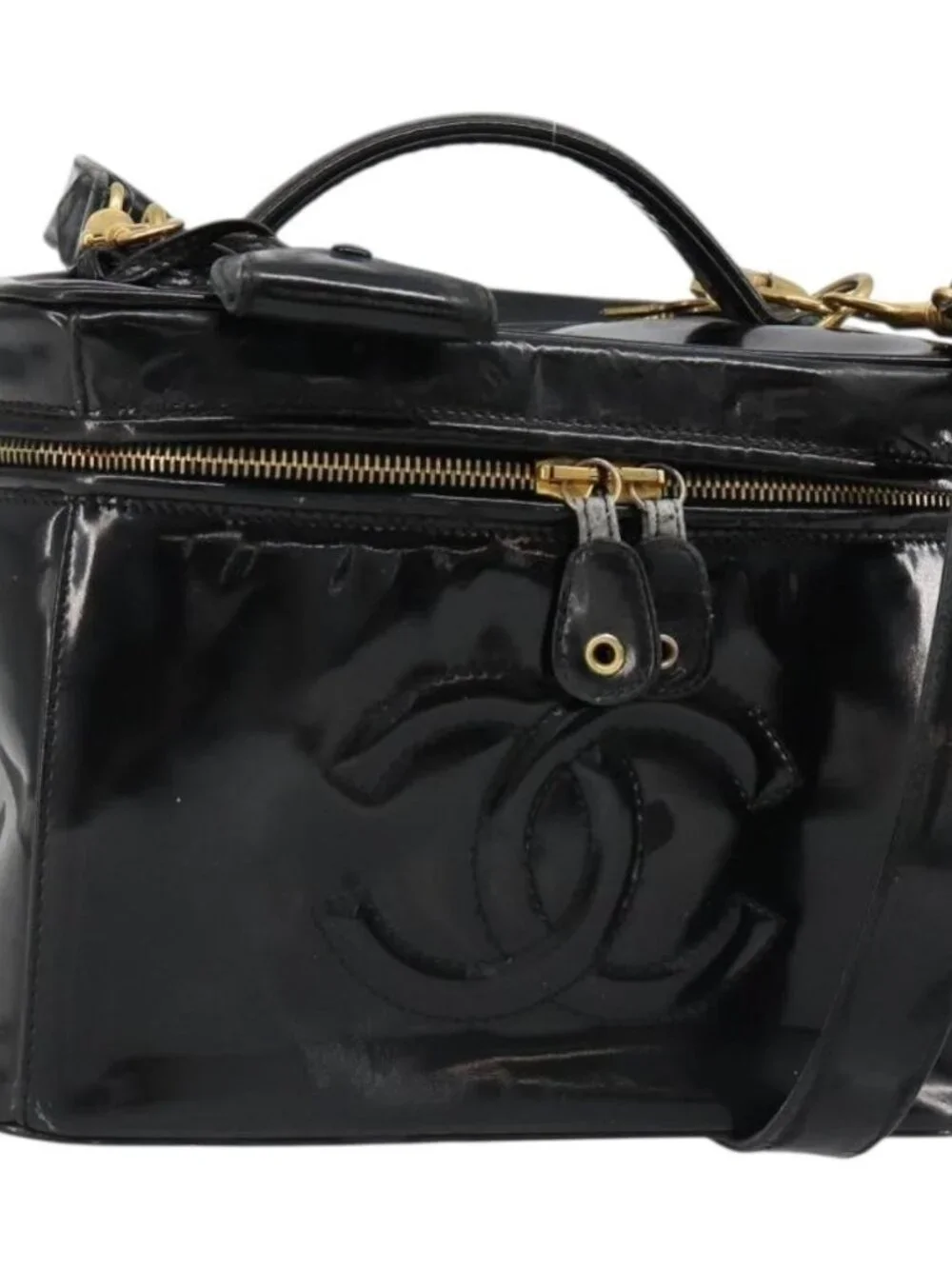 CHANEL Vanity Hand Bag Patent leather 2way Black Gold CC Auth MY059